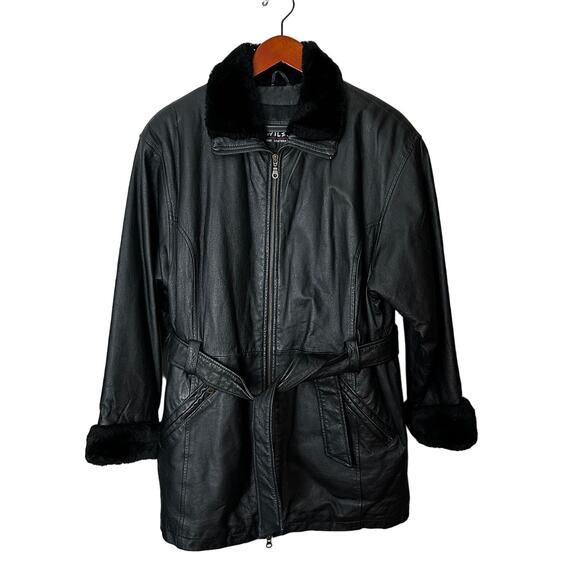Wilsons Thinsulate Leather Coat Black Full Zip Faux Fur Trim Belt Women’s Medium - Picture 1 of 13